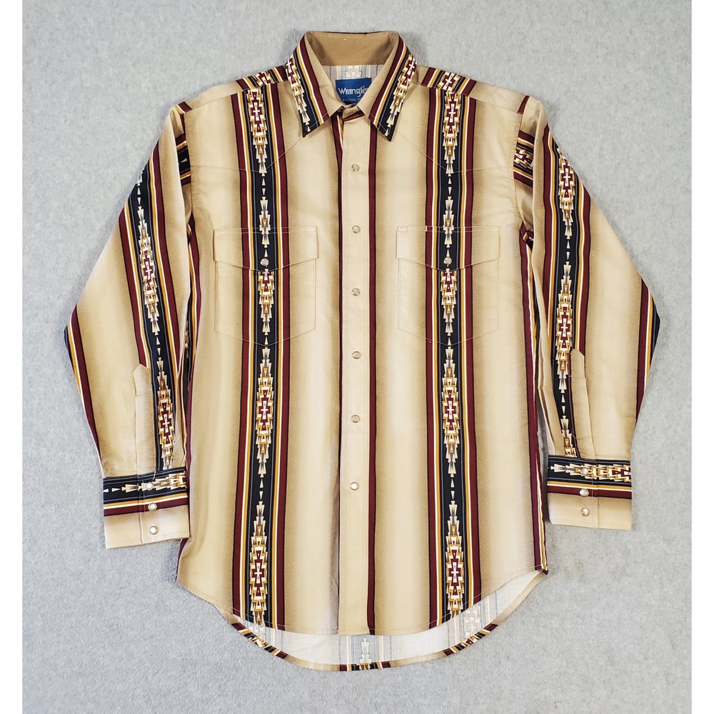 Wrangler Western Shirt Mens Small Aztec Pearl Snap Long Sleeve Tan Southwest
